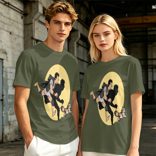 Olive T-Shirt With Cartoon Running Figure And Shadow Print