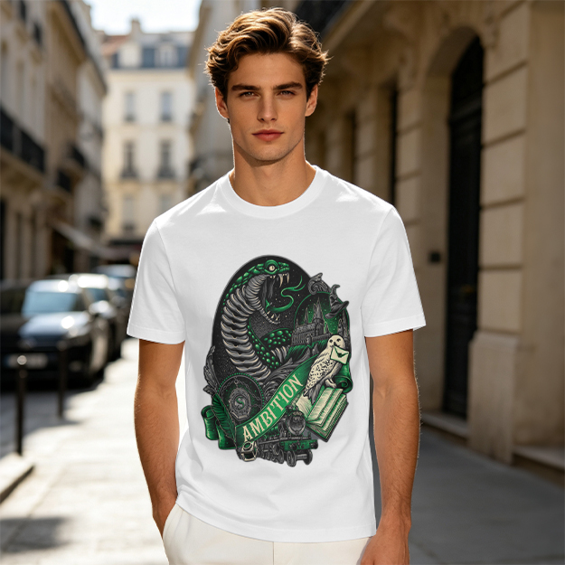 Olive Green T-Shirt With Slytherin Ambition Snake Owl Graphic