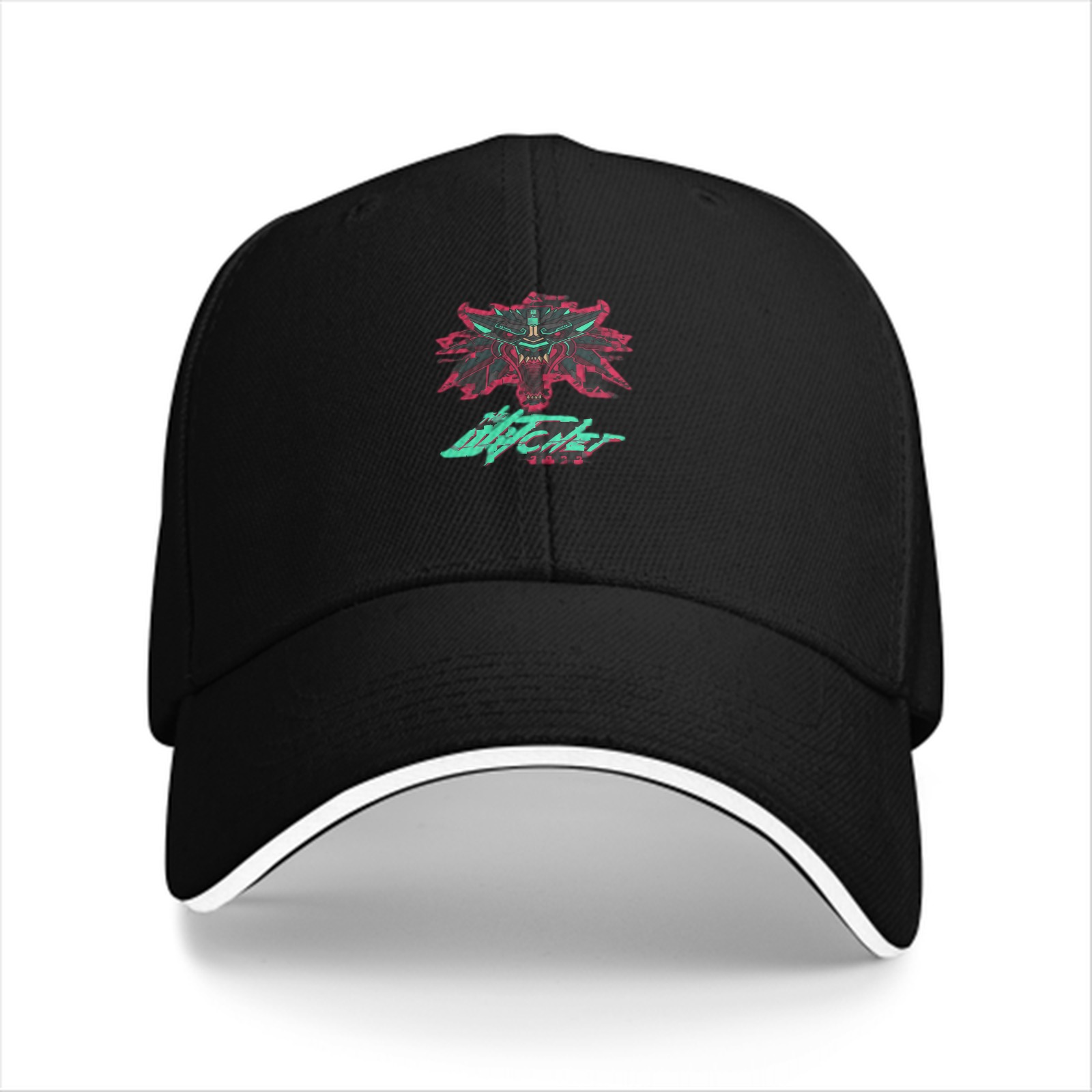 Black baseball cap with cyberpunk witcher wolf emblem graphic