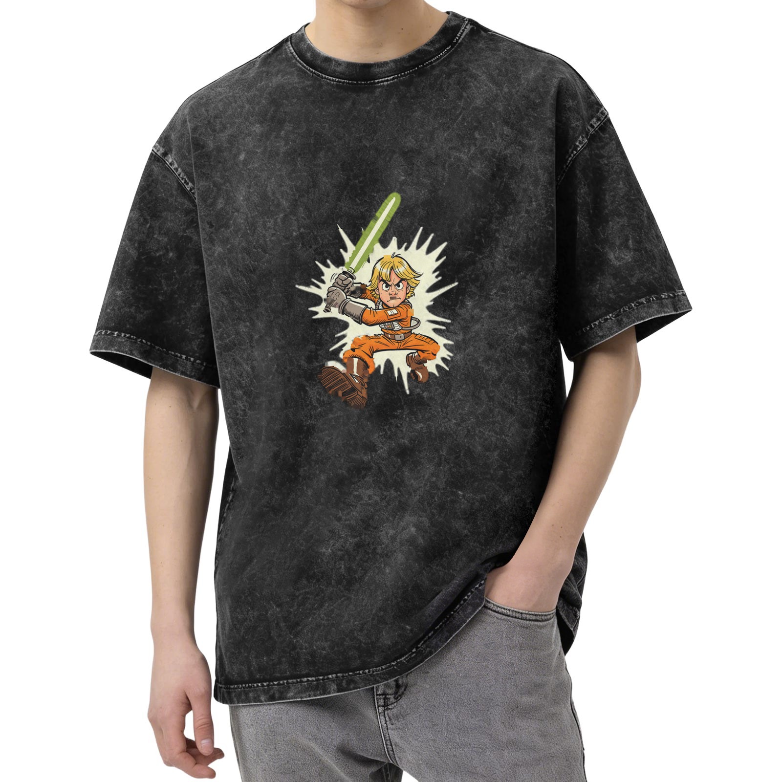 Washed Black T-Shirt With Cartoon Luke Skywalker Lightsaber Print