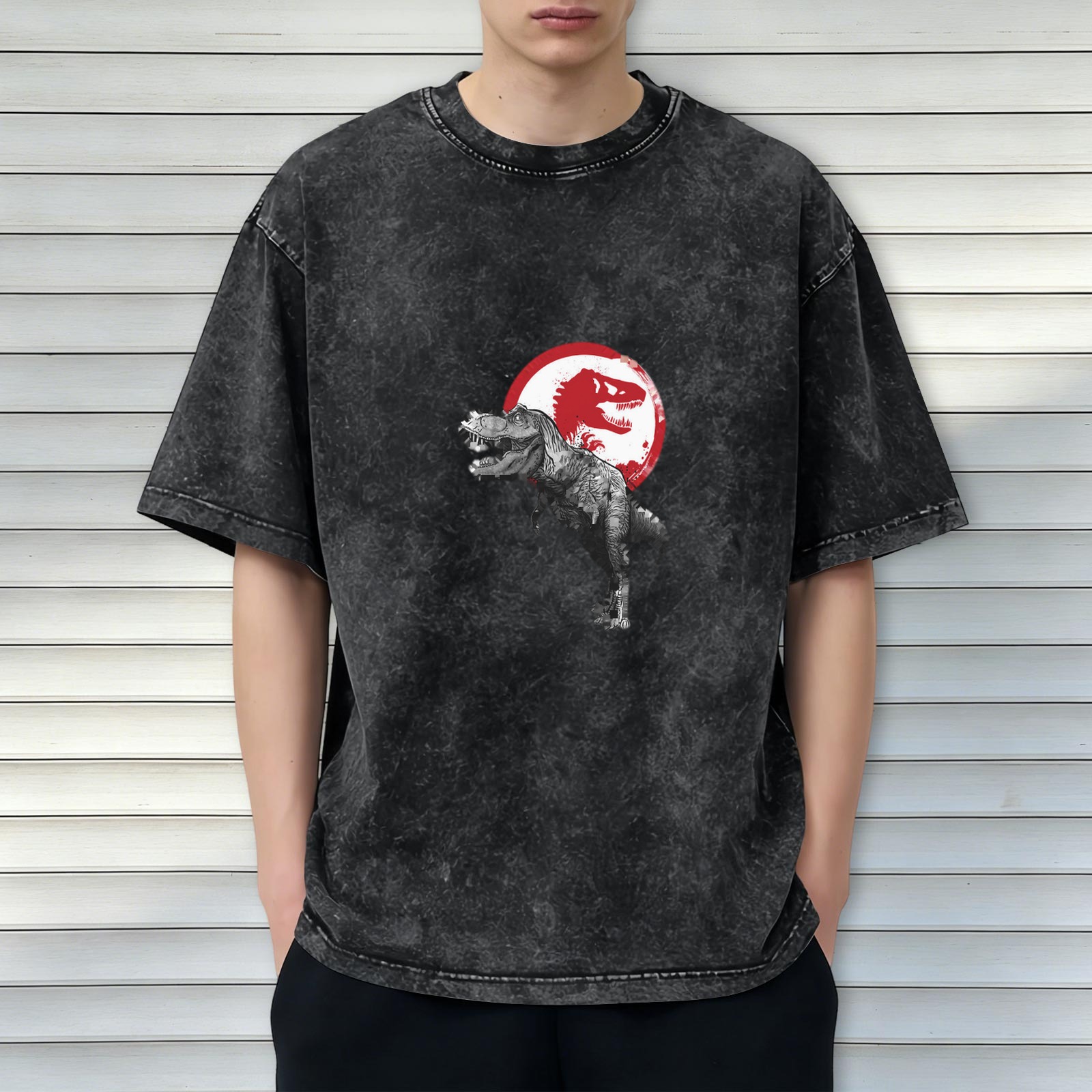 Washed Black Oversized T-Shirt with T-Rex Dinosaur Graphic