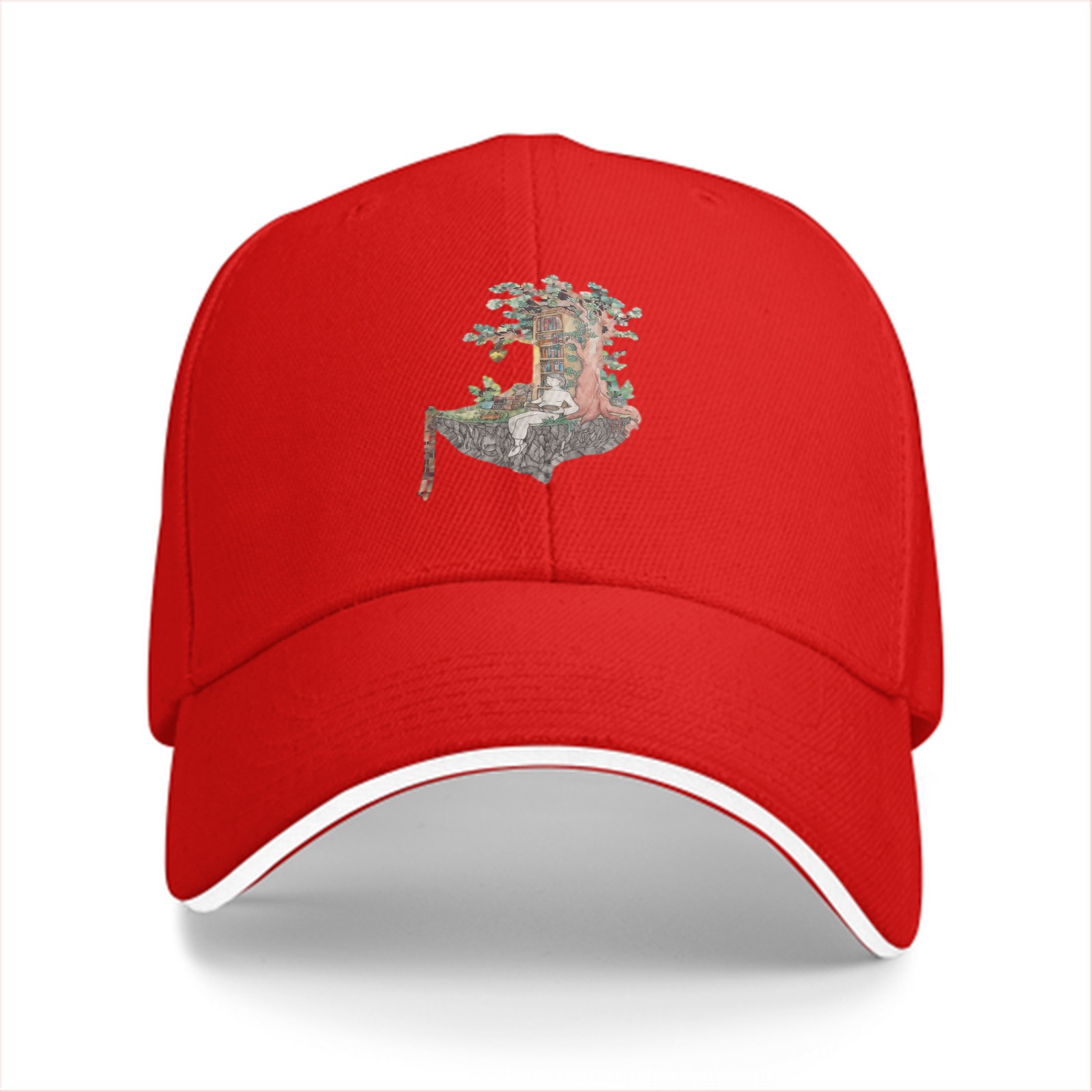 Black Baseball Cap With Whimsical Floating Island Treehouse Art