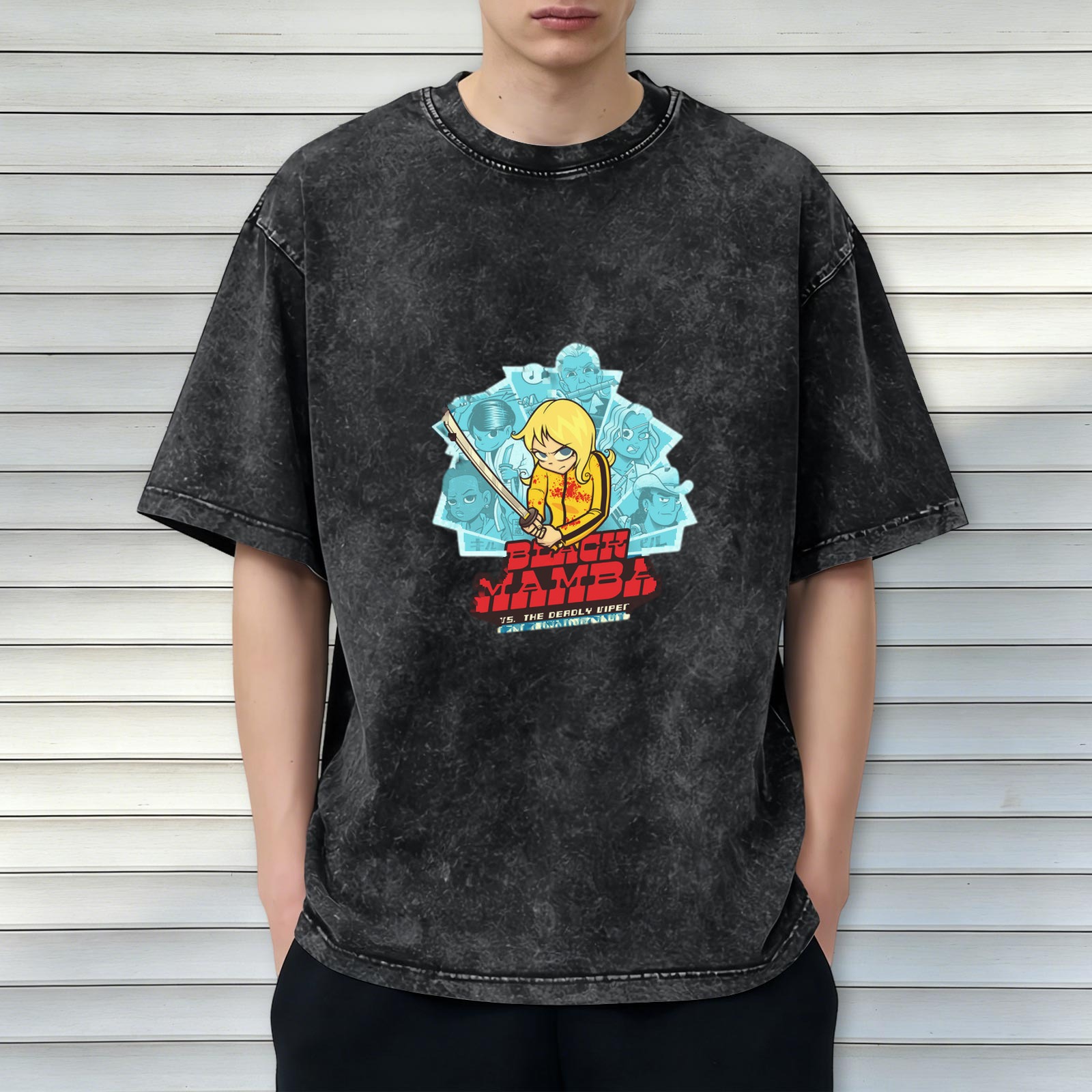 Washed distressed black short-sleeved T-shirt Kill Bill themed cartoon print Black Mamba pattern top