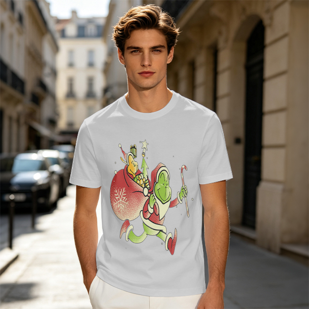Olive T-shirt with Grinch Santa Christmas Graphic Design