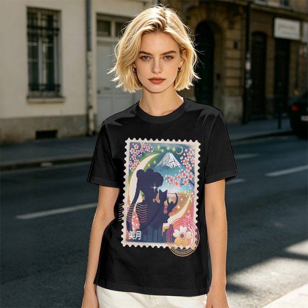 Olive T-shirt with Japanese stamp-style anime graphic print