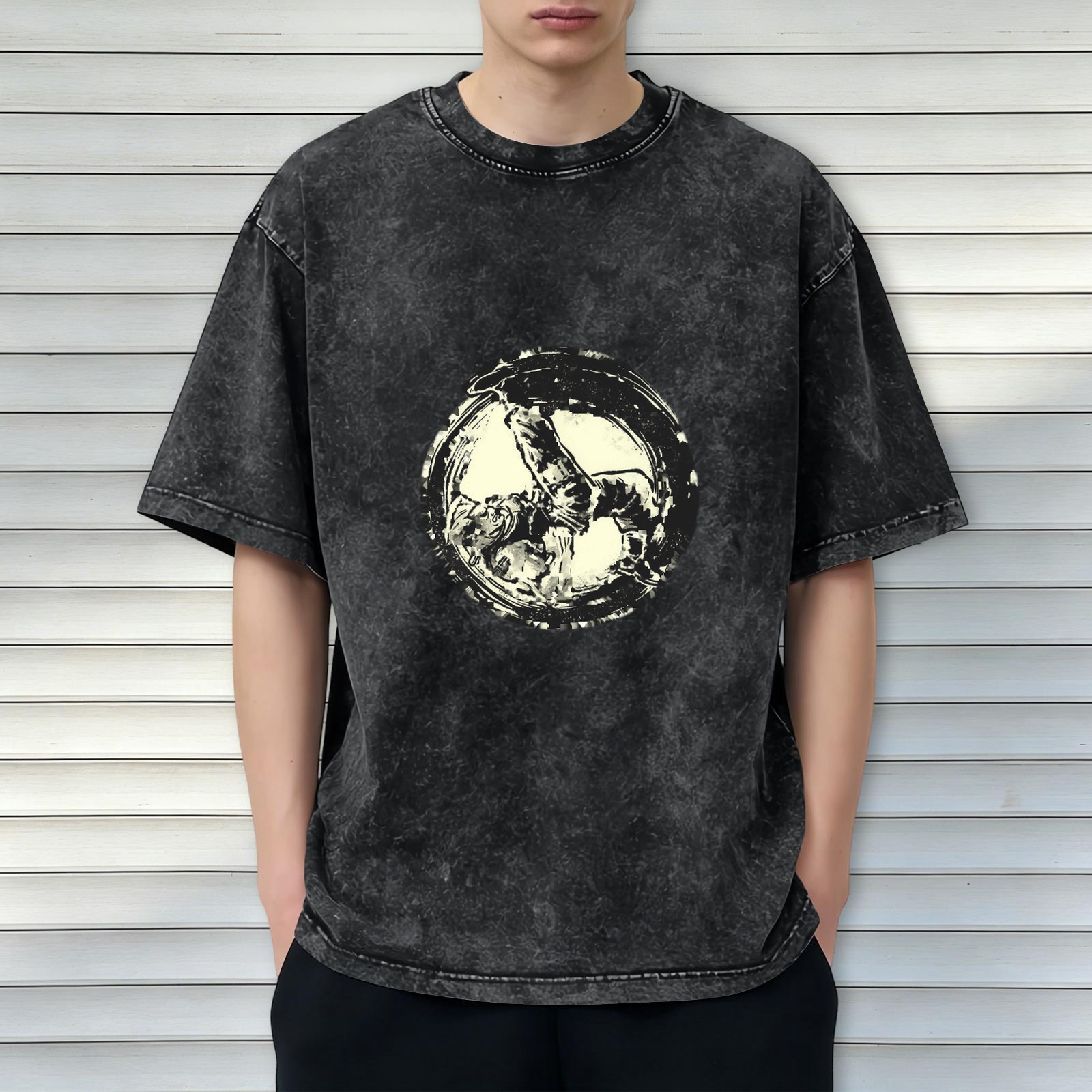 Washed Black Graphic T-Shirt With Circular Art Print