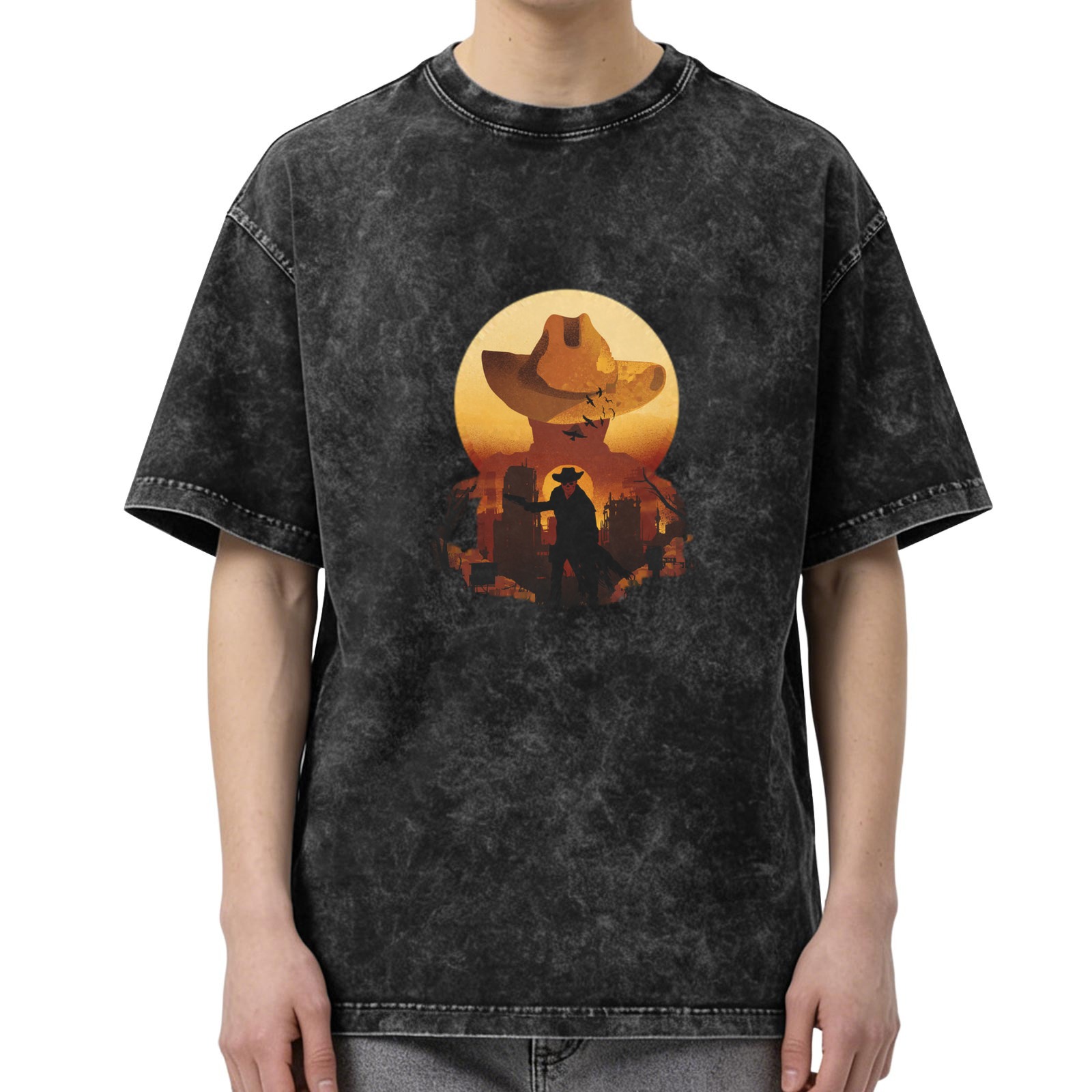 Washed Black Western Cowboy Graphic Short Sleeve T-Shirt
