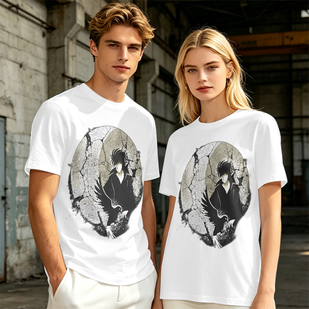 Olive T-shirt with Dark Anime Character and Raven Print