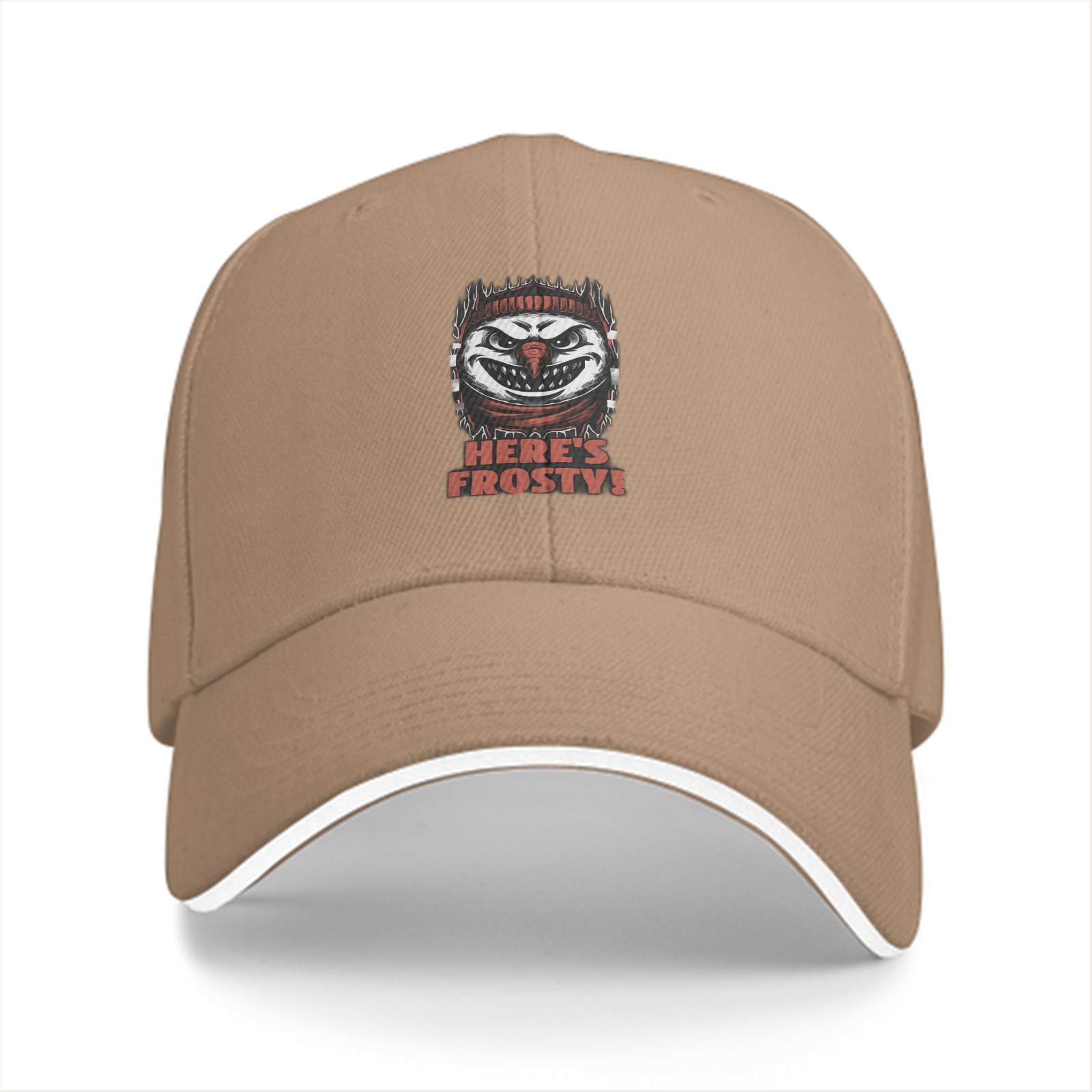 Black baseball cap with evil snowman 'Here's Frosty!' graphic