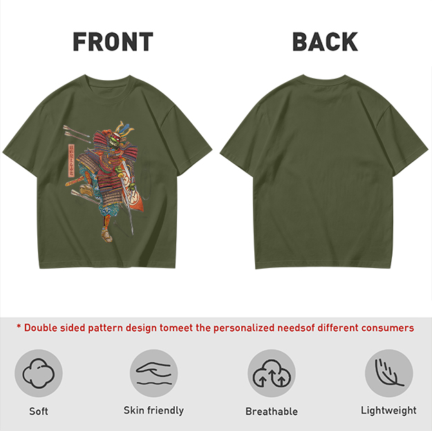 Olive T-shirt with Traditional Samurai Warrior Graphic Print