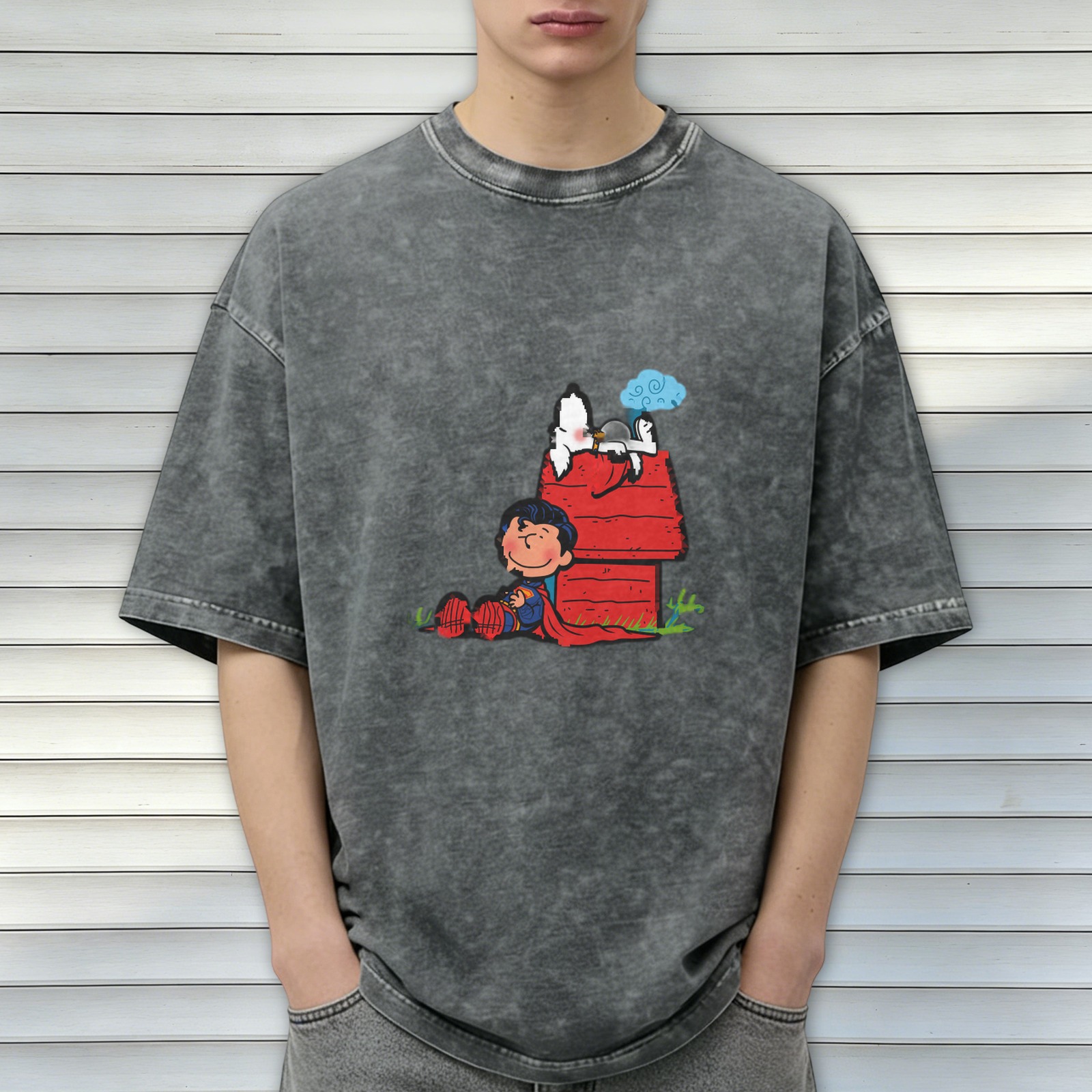 Snoopy and Charlie Brown Superman Mashup Vintage Black T-Shirt