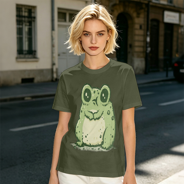 Olive Green T-Shirt With Cute Cartoon Frog Graphic Print
