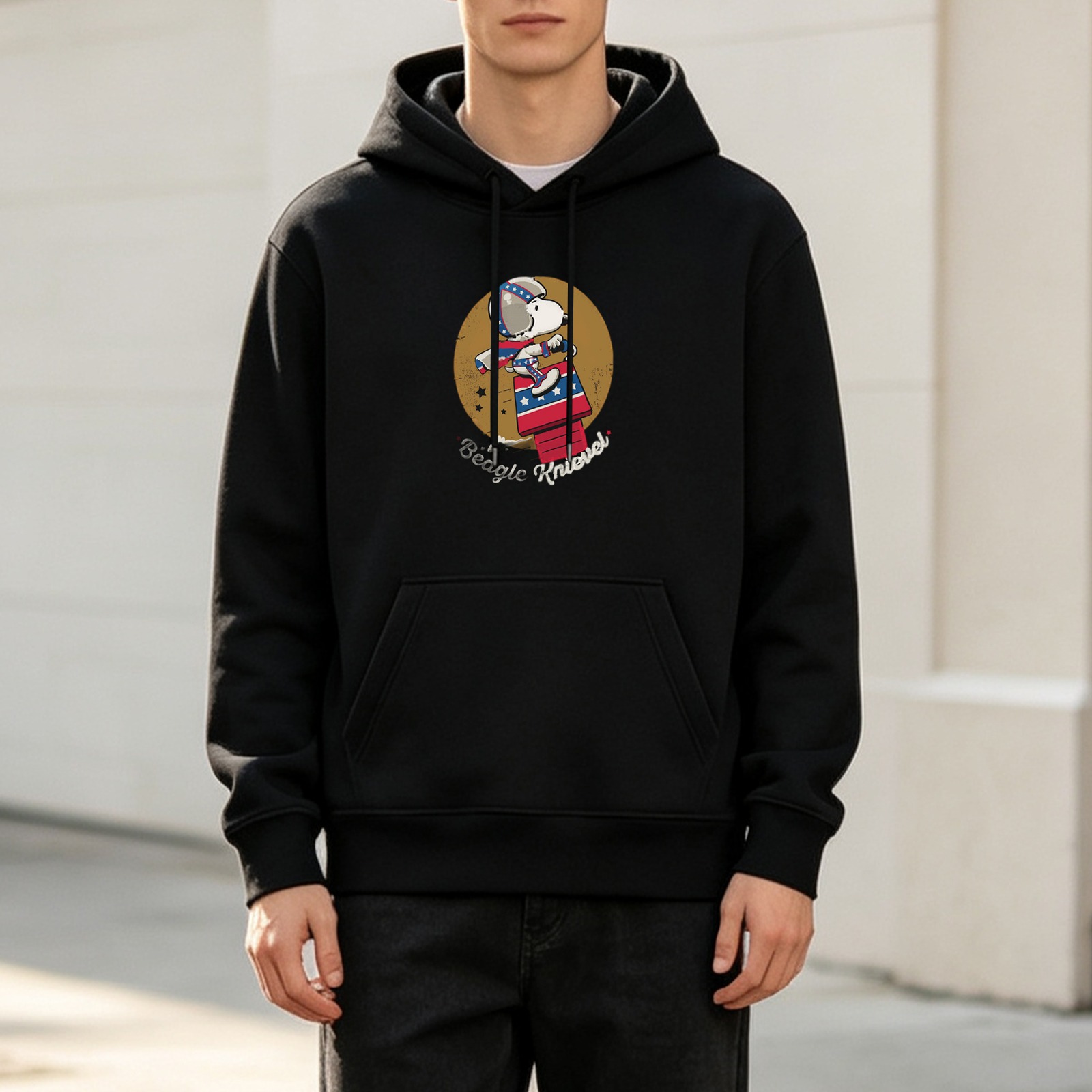 Black hoodie with Snoopy Beagle Knievel graphic print
