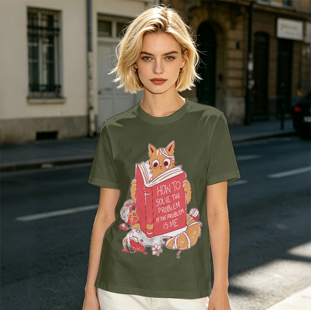 Olive T-Shirt With Ginger Cat Reading Self-Help Book Print