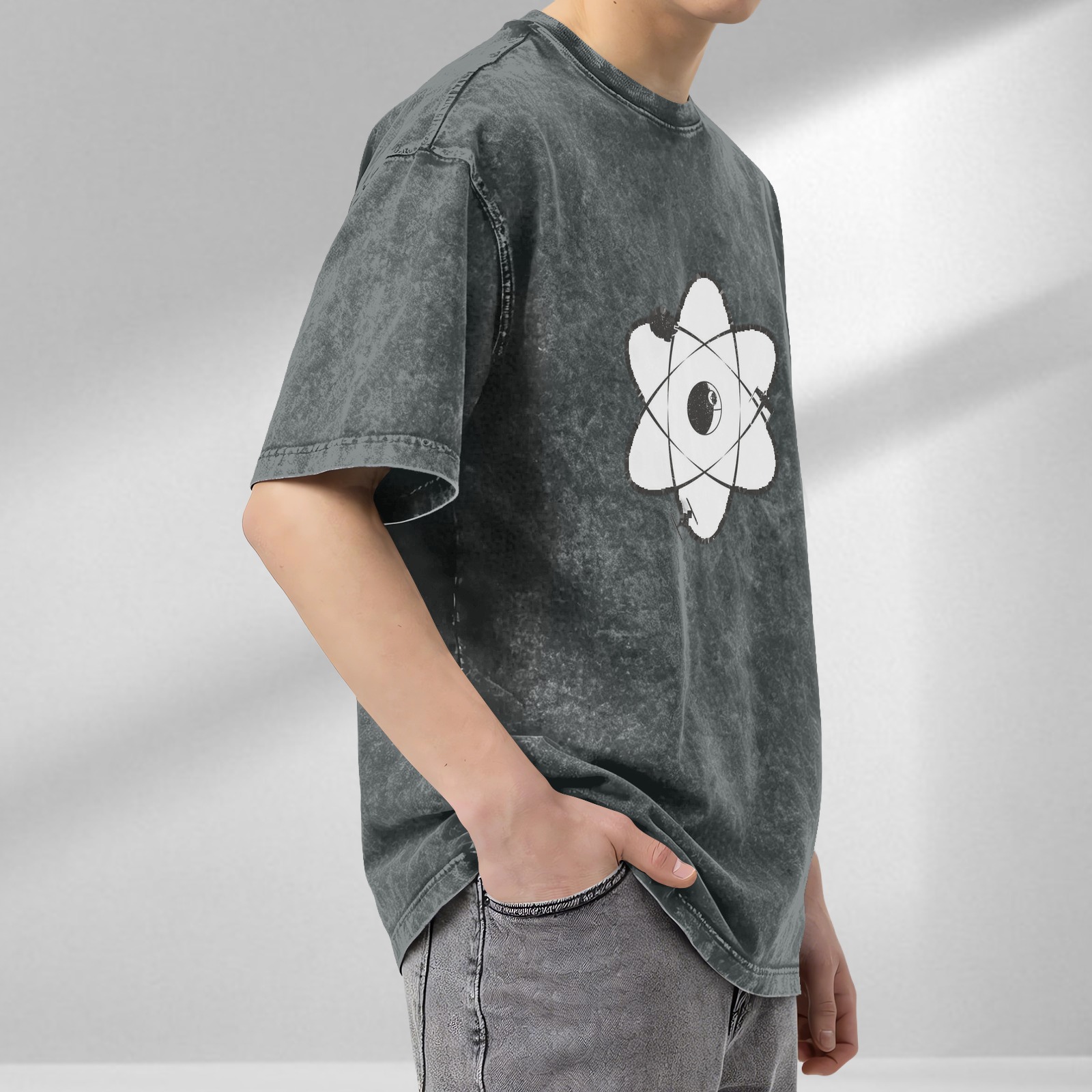 Oversized Acid Wash T-Shirt With Atomic Science Graphic Print