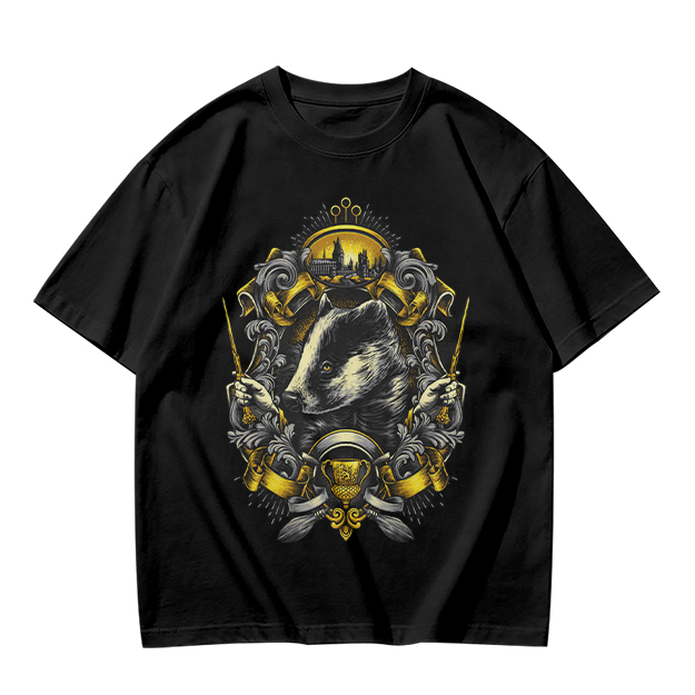 Olive T-shirt with Badger Crest Magical Artwork Print
