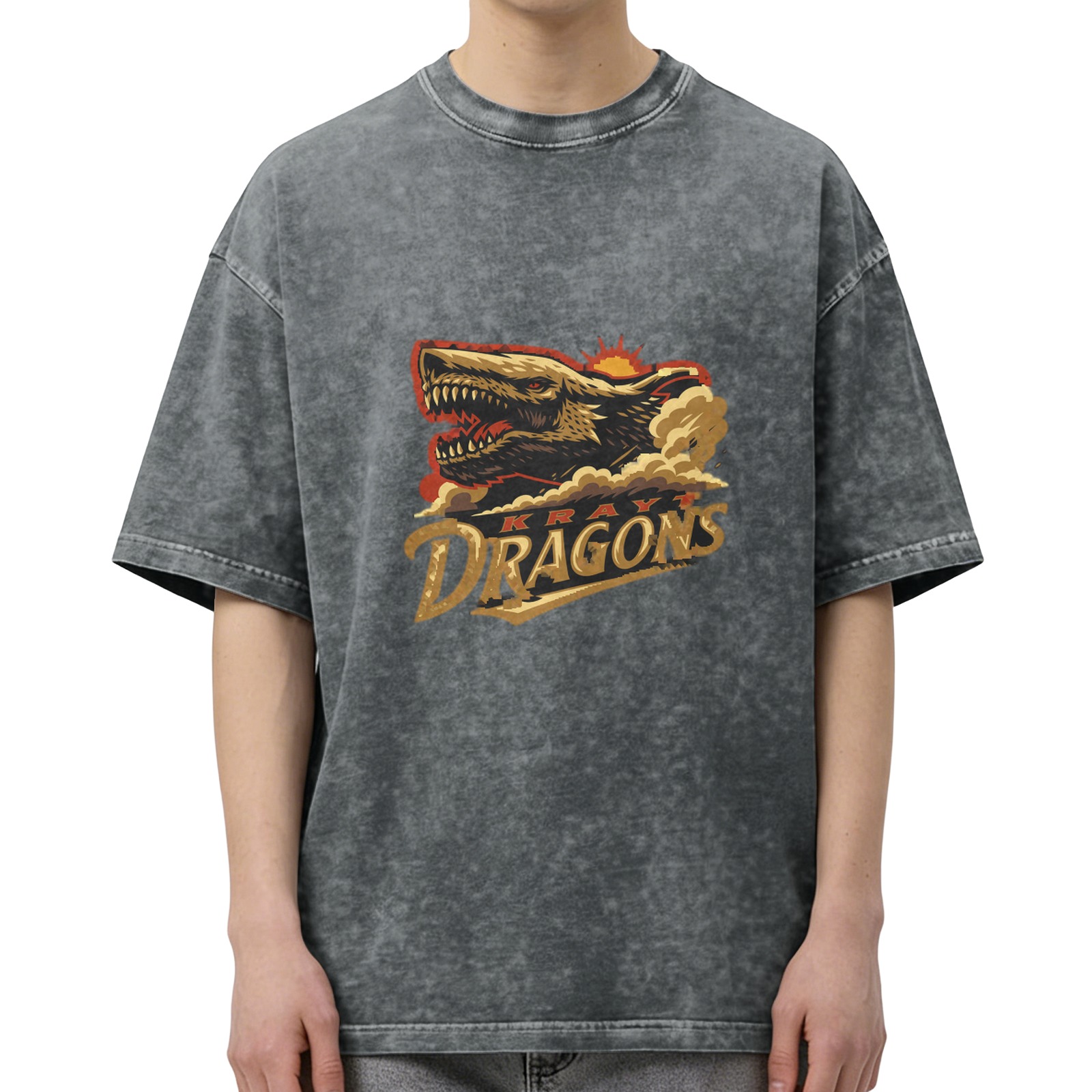 Oversized Acid Wash T-Shirt with Kray Dragons Graphic Print