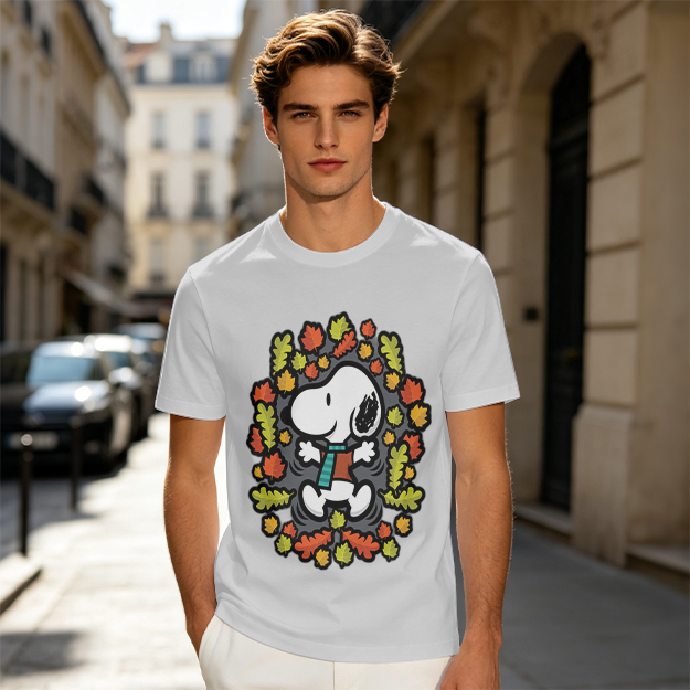 Olive green t-shirt with Snoopy playing in autumn leaves
