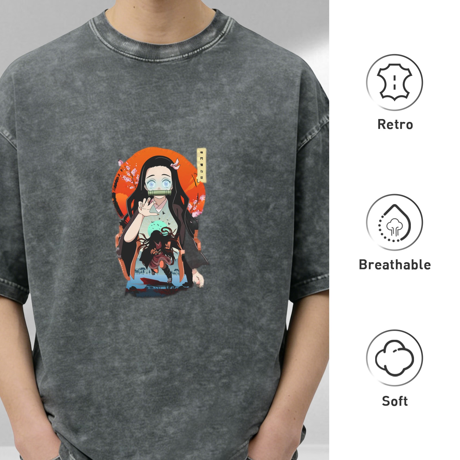 Demon Slayer: Kimetsu no Yaiba Nezuko themed old washed black loose short-sleeved T-shirt