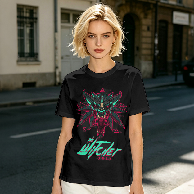 Olive green t-shirt with cyberpunk witcher wolf head graphic