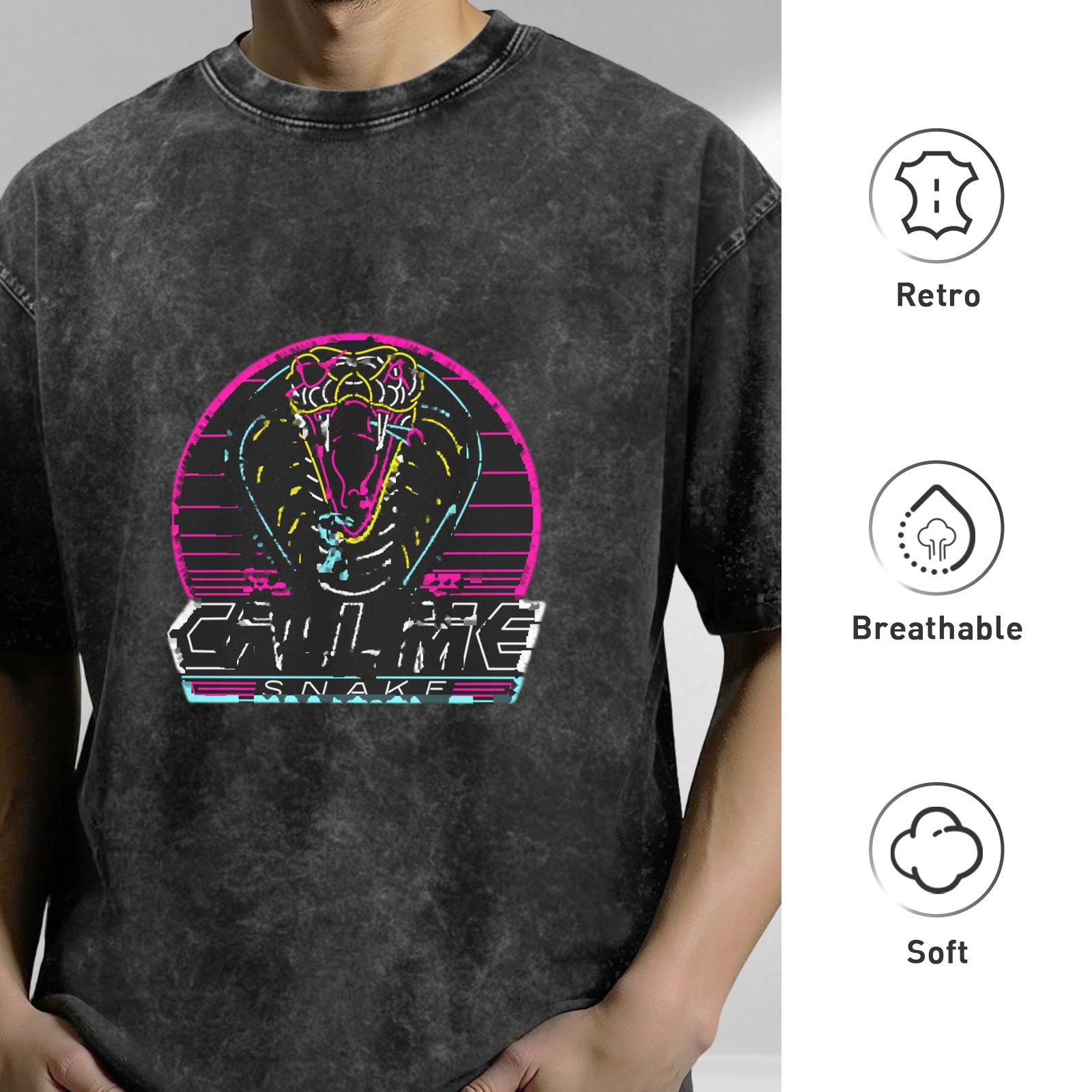 Oversized Acid Wash T-Shirt with Neon Cobra Call Me Snake Graphic