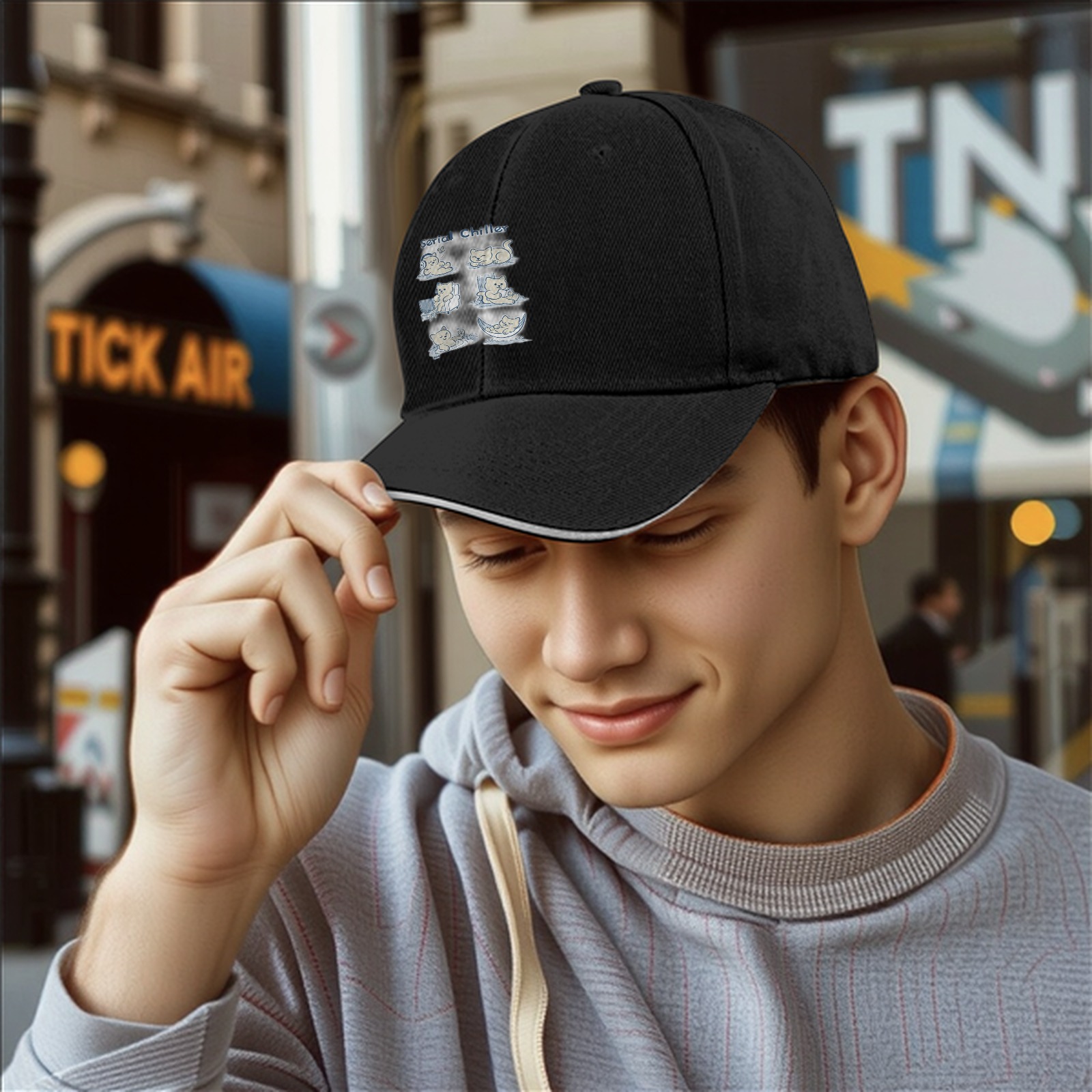Black baseball cap with serial chillax cat illustrations