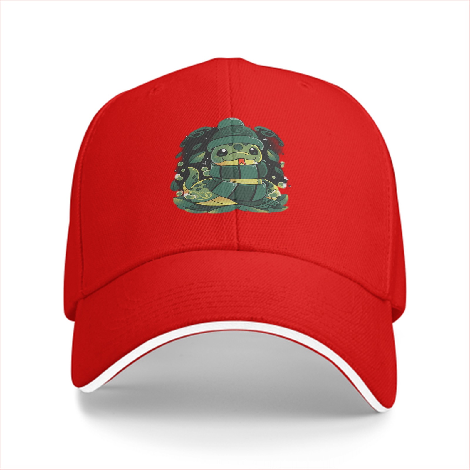 Black Baseball Cap With Cute Cartoon Snake Graphic Design
