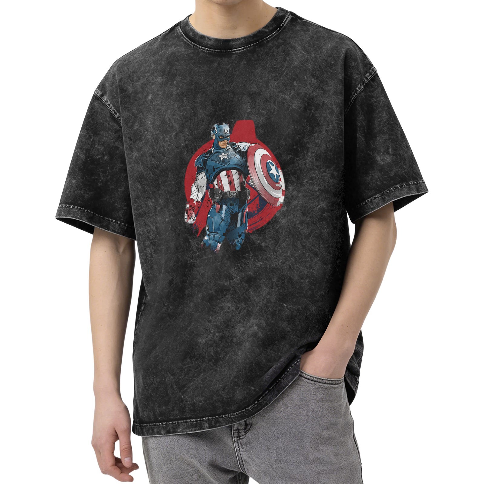Oversized Acid Wash T-Shirt with Captain America Graphic