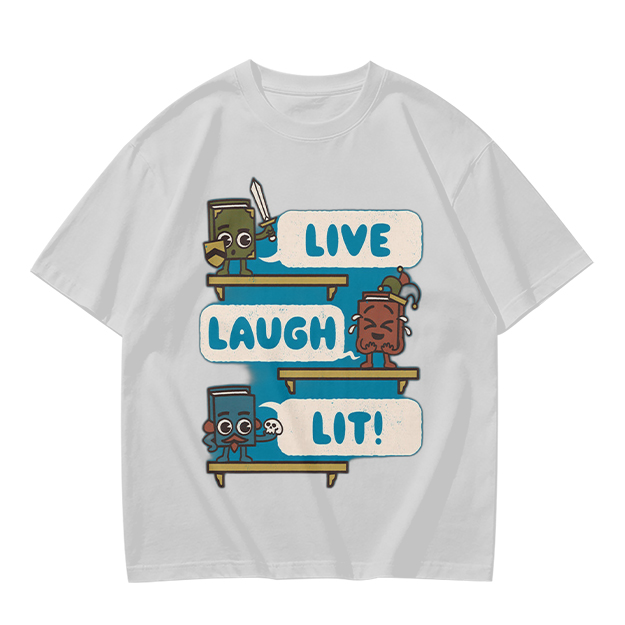 Olive T-Shirt With Cartoon Books 'Live Laugh Lit' Graphic