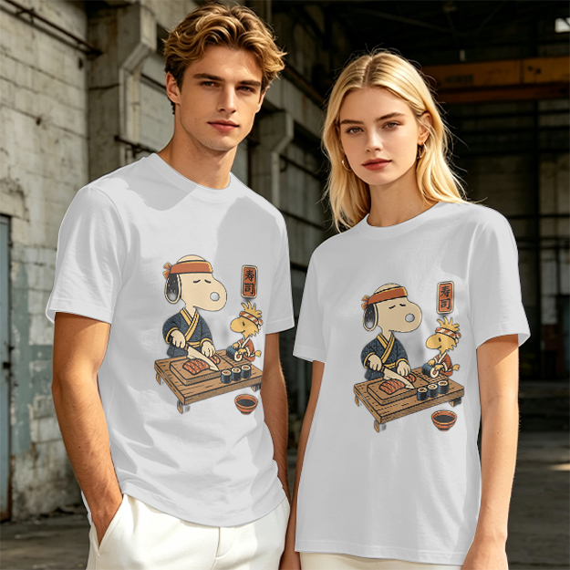 Olive T-shirt with Snoopy and Woodstock making sushi print