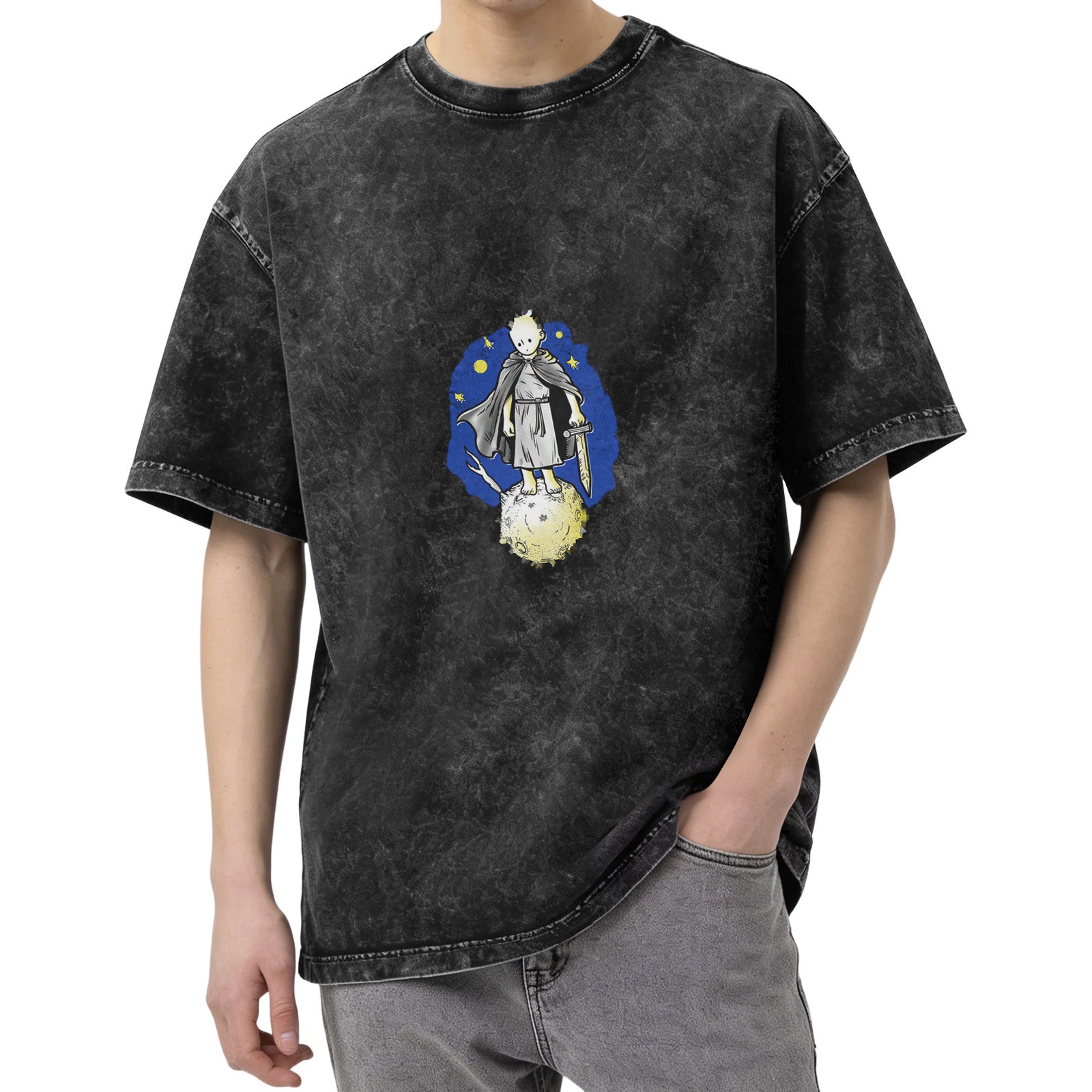 Oversized Acid Wash T-Shirt With Little Prince Space Knight Graphic