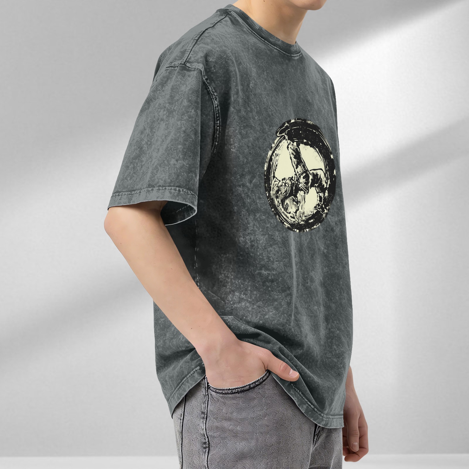 Washed Black Graphic T-Shirt With Circular Art Print