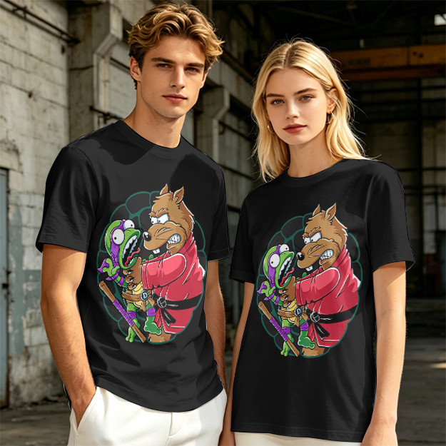 Olive T-shirt with Splinter Grabbing Donatello Ninja Turtle Art