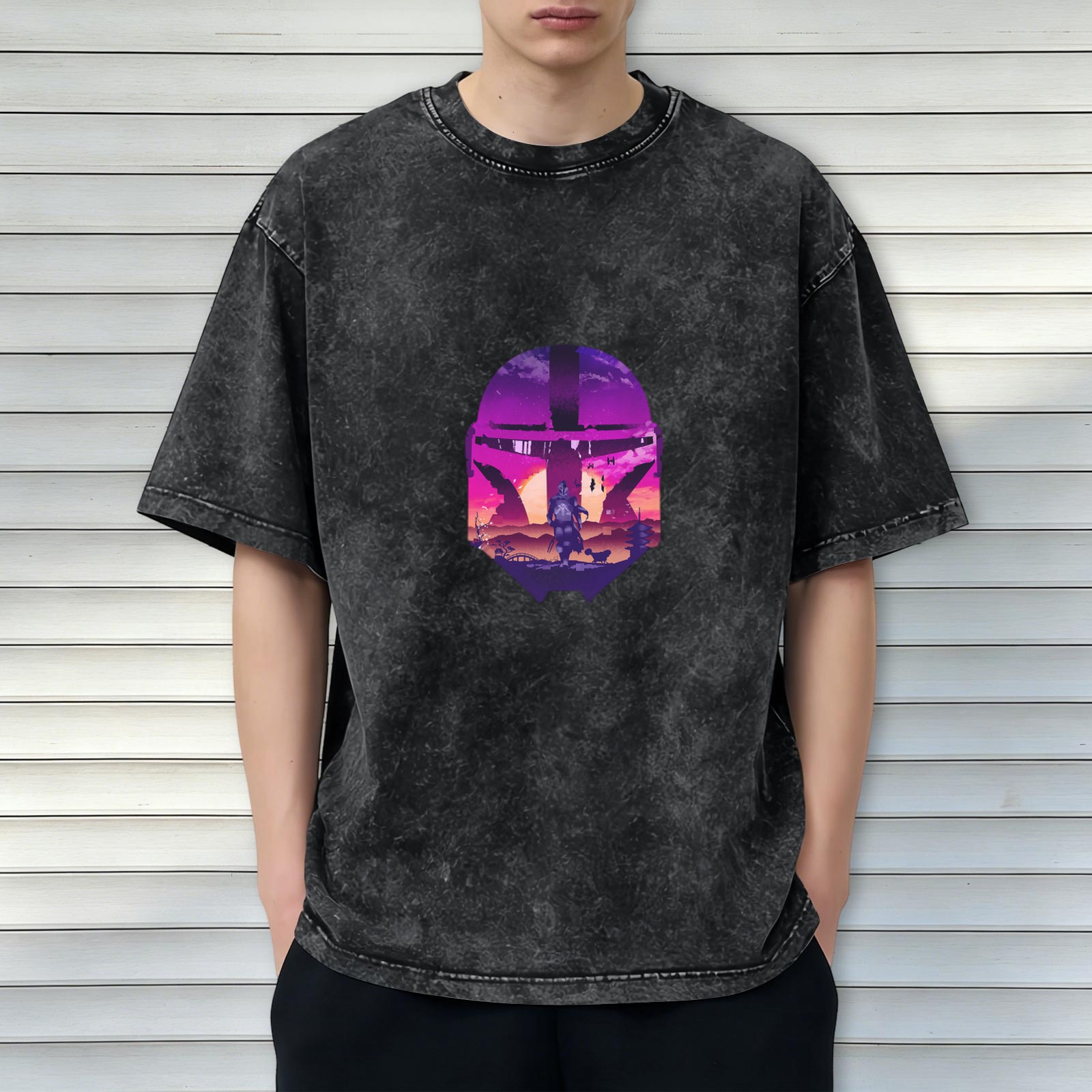Distressed Black Mandalorian Helmet Graphic Short Sleeve T-Shirt