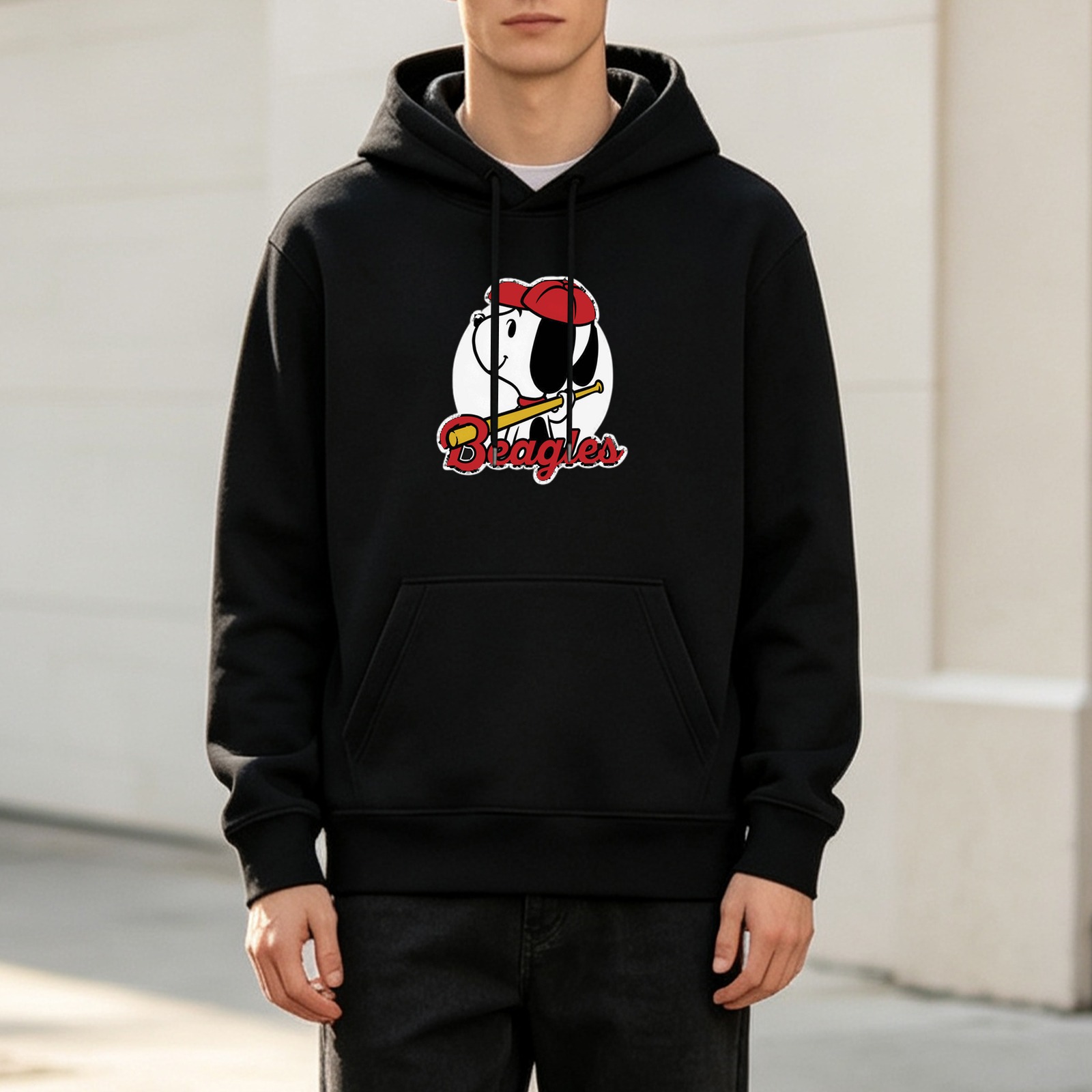 Black hoodie with Snoopy Beagles baseball graphic