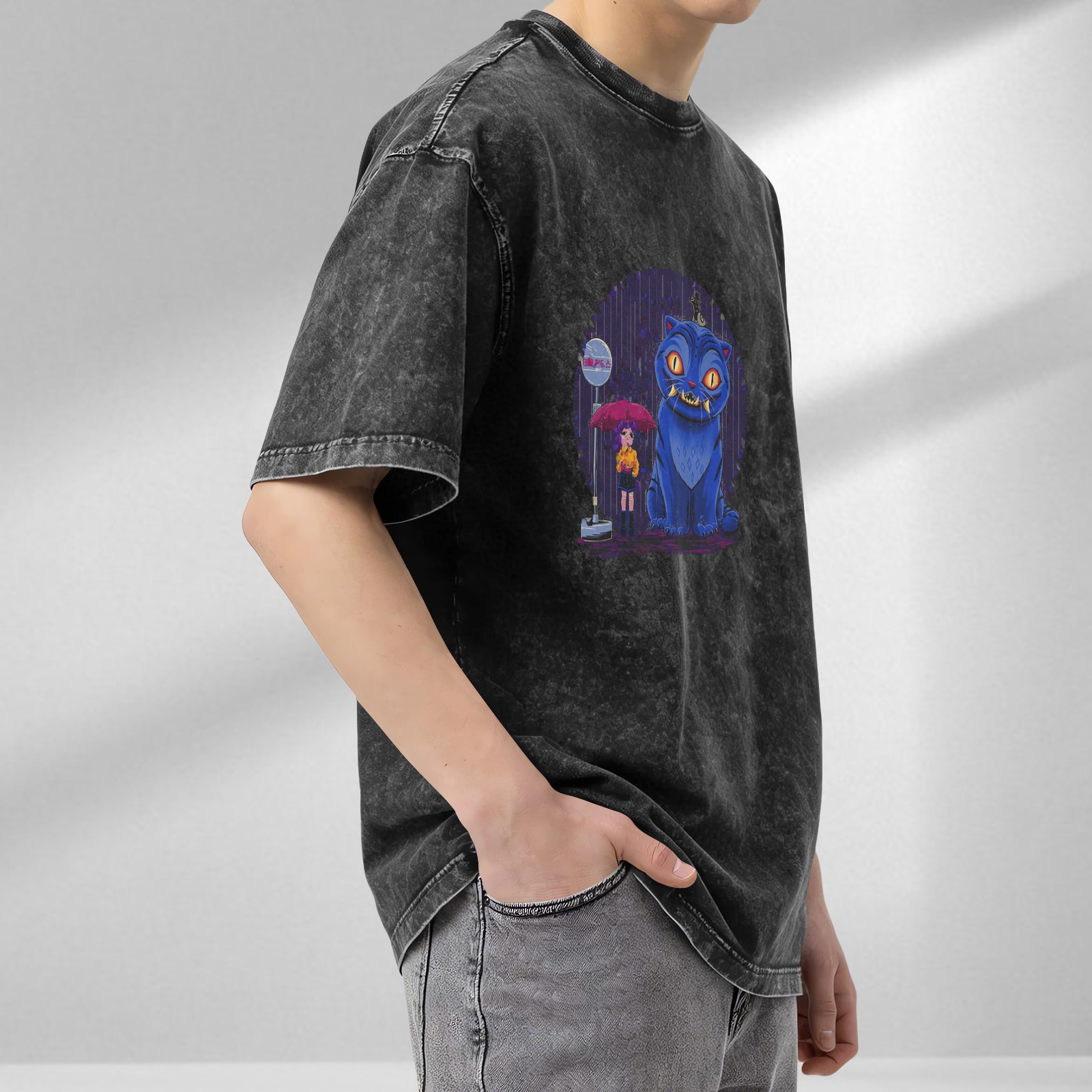Oversized Acid Wash T-Shirt With Blue Cheshire Cat And Girl Graphic