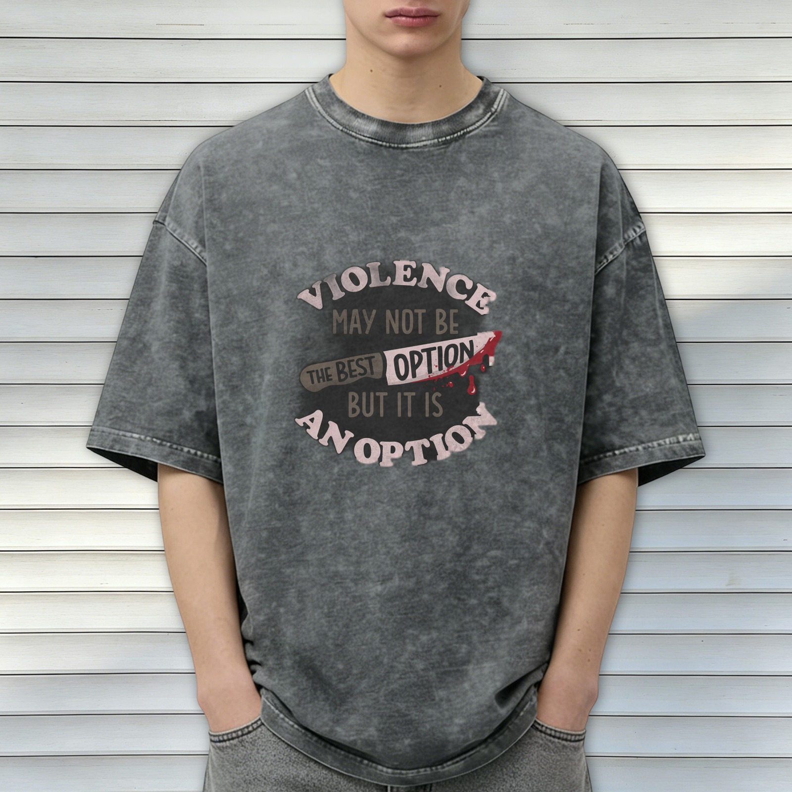 Oversized acid wash graphic tee with violence is an option print