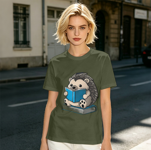 Olive T-shirt with Cute Hedgehog Reading a Book Graphic
