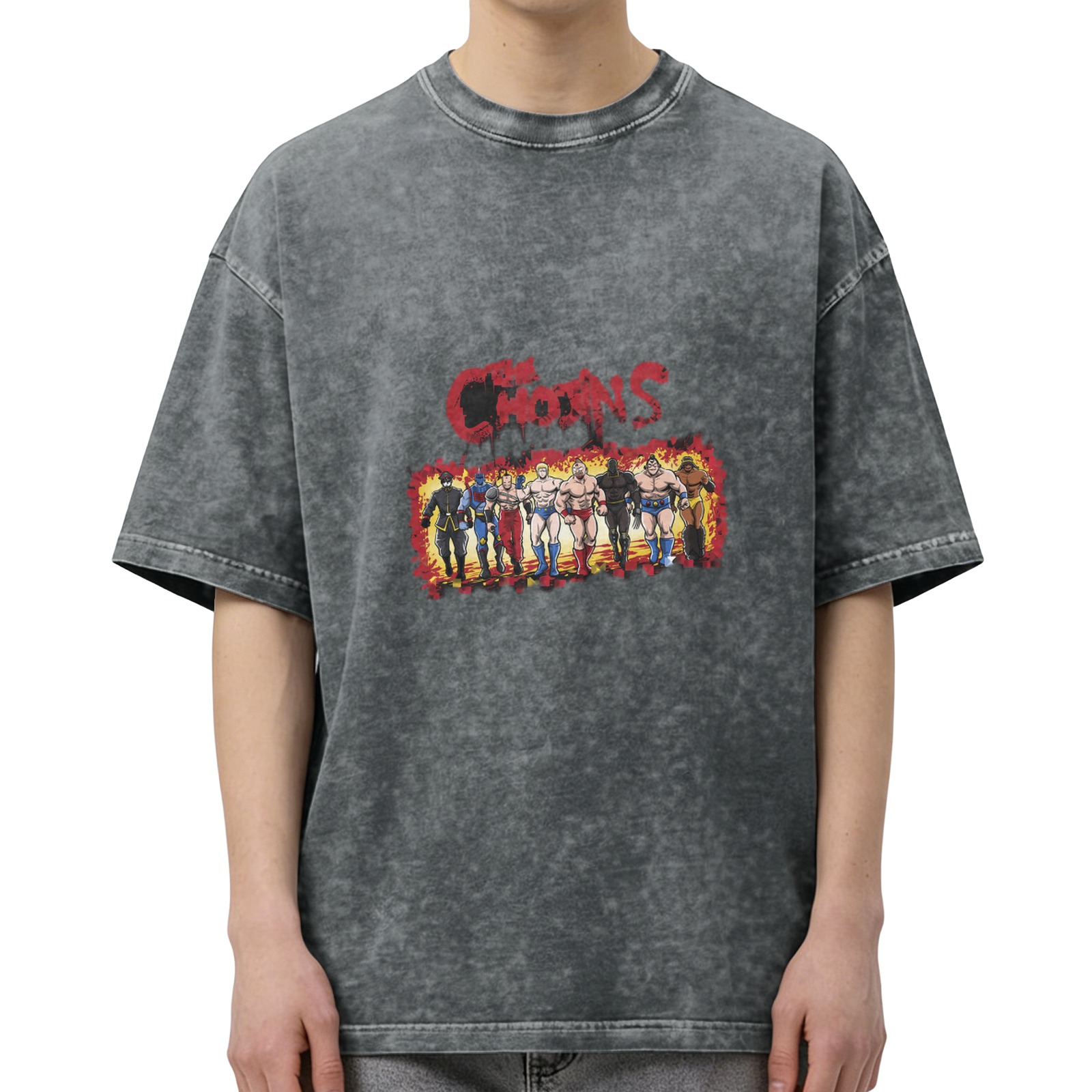 Washed Black Graphic T-Shirt with Retro Wrestler Team Print