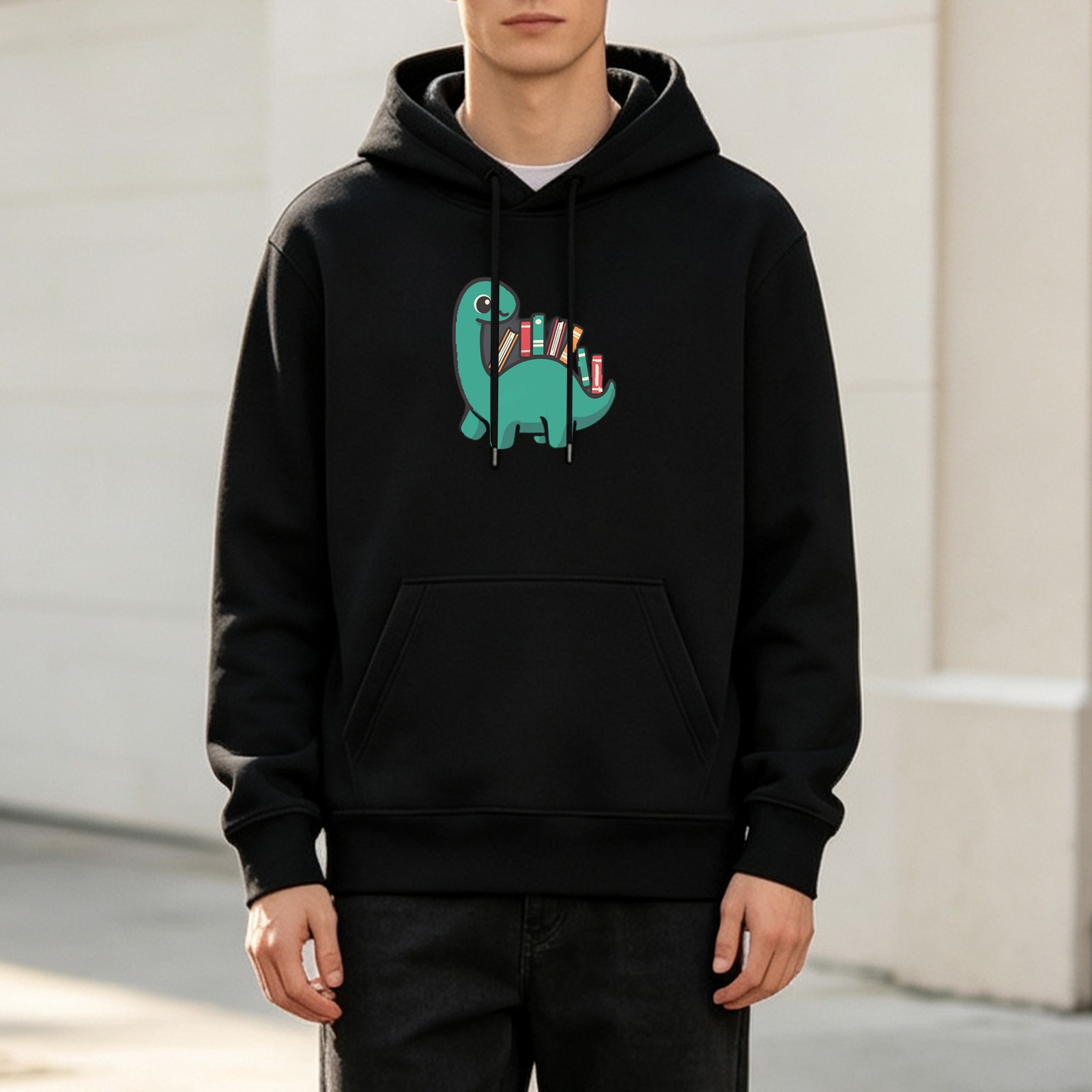 Black Hoodie With Cute Dinosaur Carrying Books Graphic