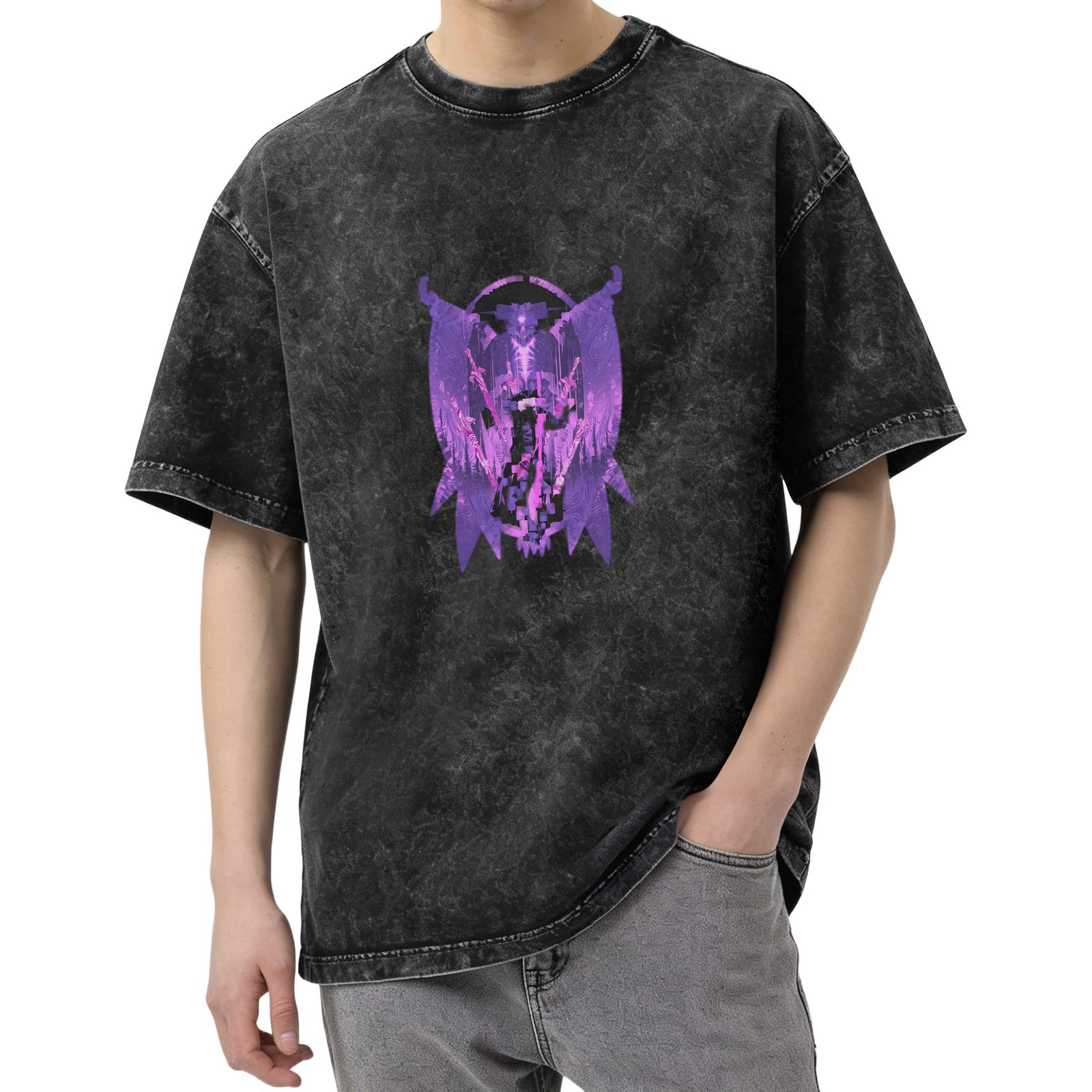 Washed Black T-Shirt With Purple Dark Angel Graphic Print