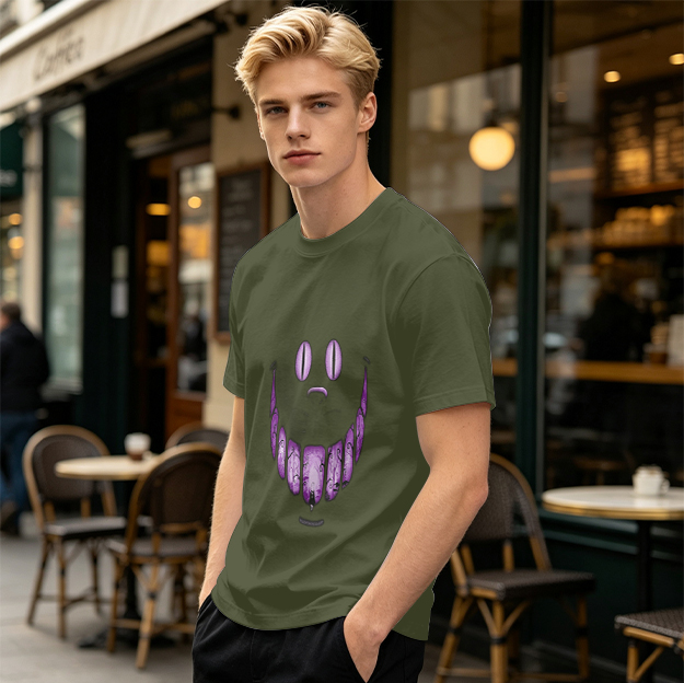 Olive T-Shirt With Purple Monster Face Graphic Print