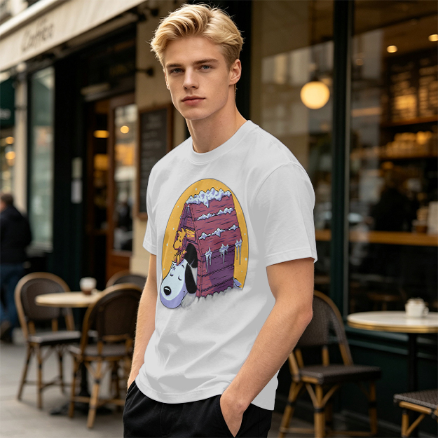 Olive T-shirt with Snoopy and Woodstock at snow-covered doghouse