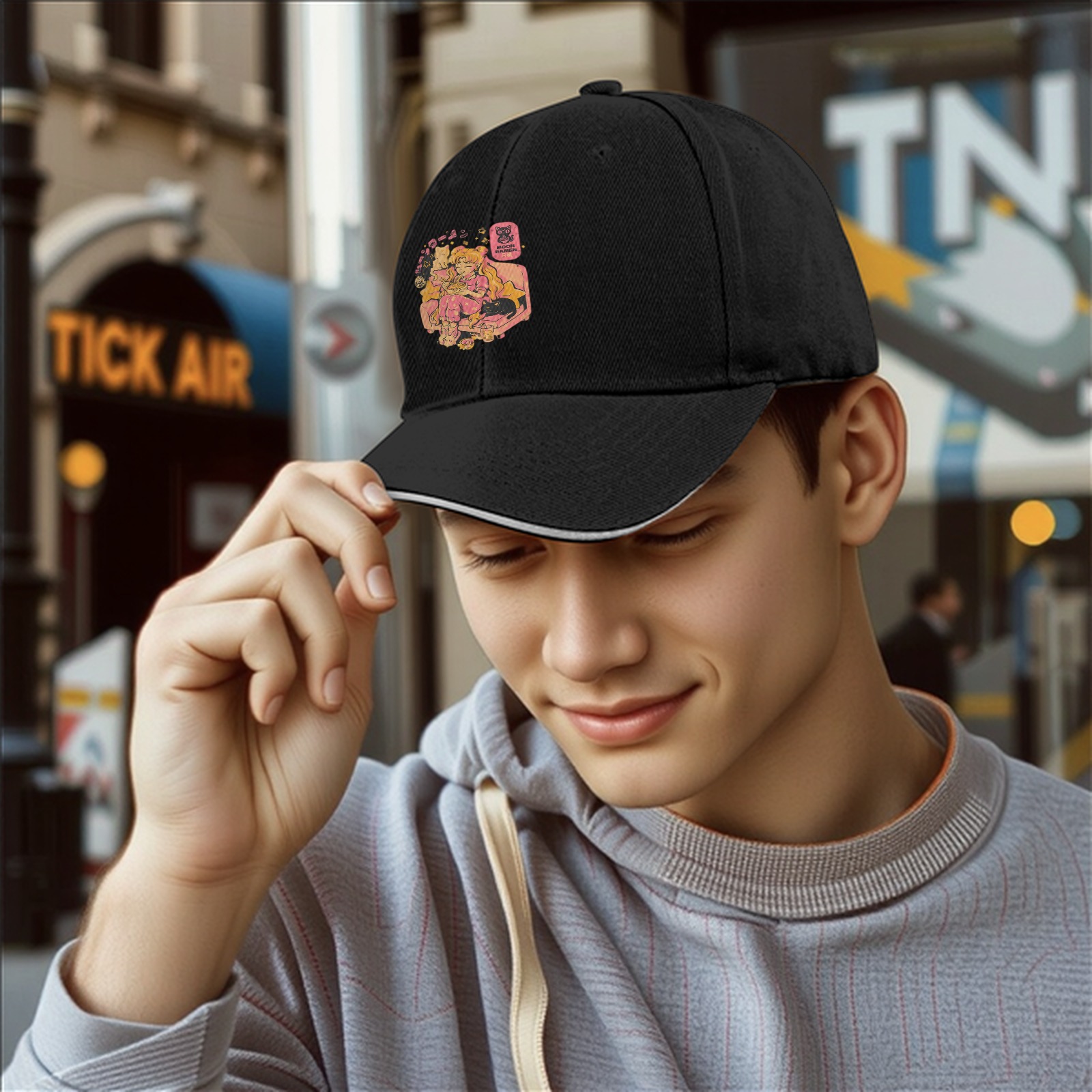Black Baseball Cap with Anime Girl Eating Ramen Print