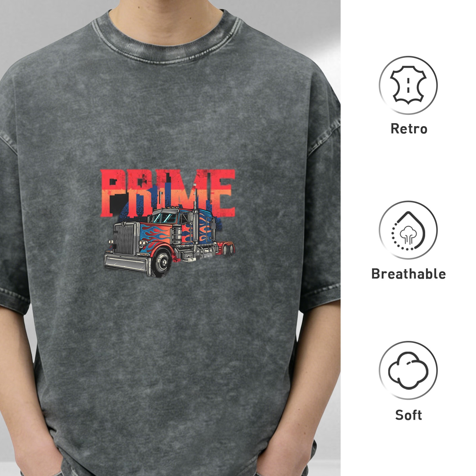 Washed Black T-Shirt with PRIME Text and Semi Truck Graphic