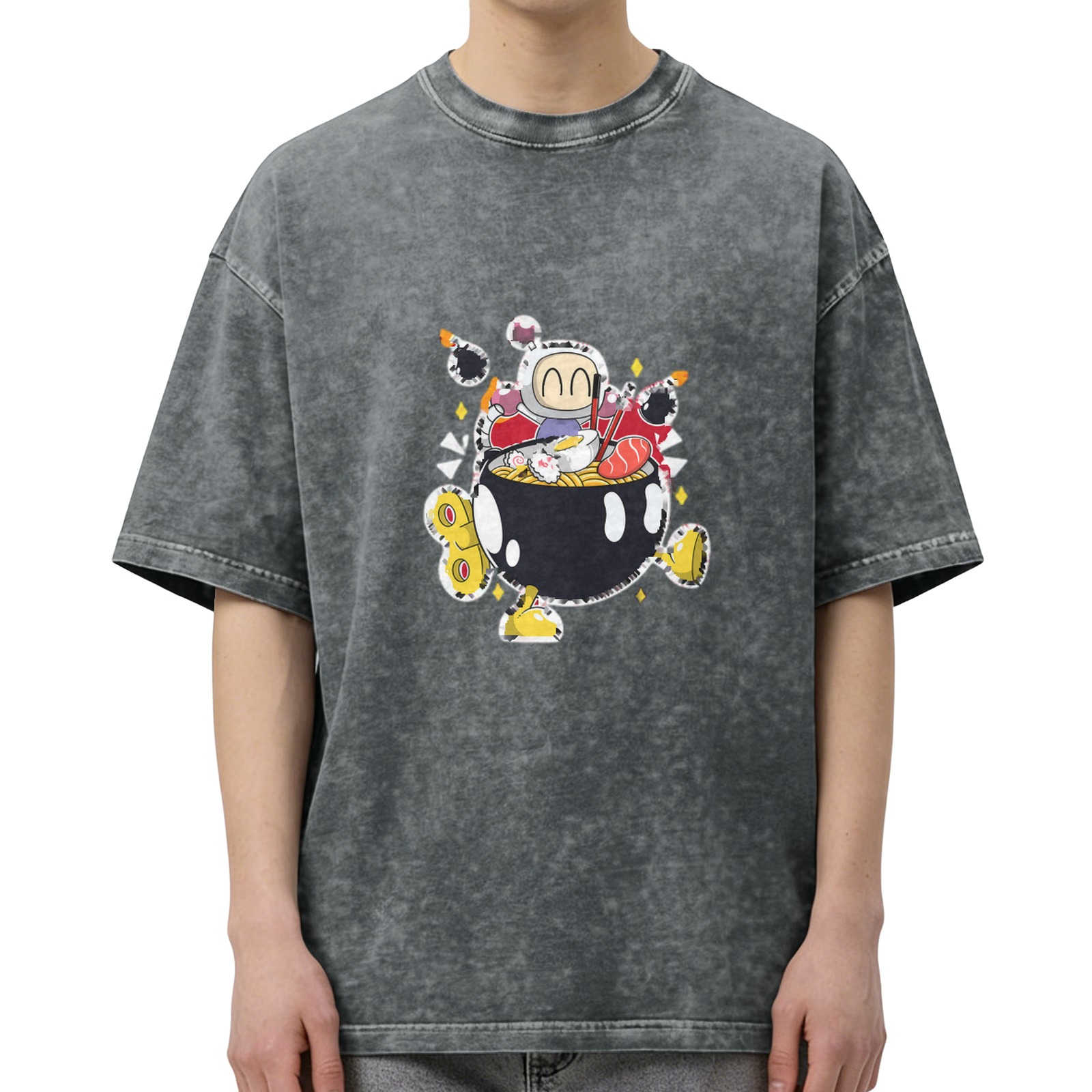 Washed black graphic t-shirt with cartoon bomber ramen bowl design