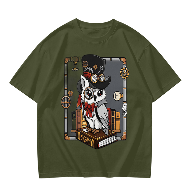 Owl in Steampunk Attire on Book Graphic Tee