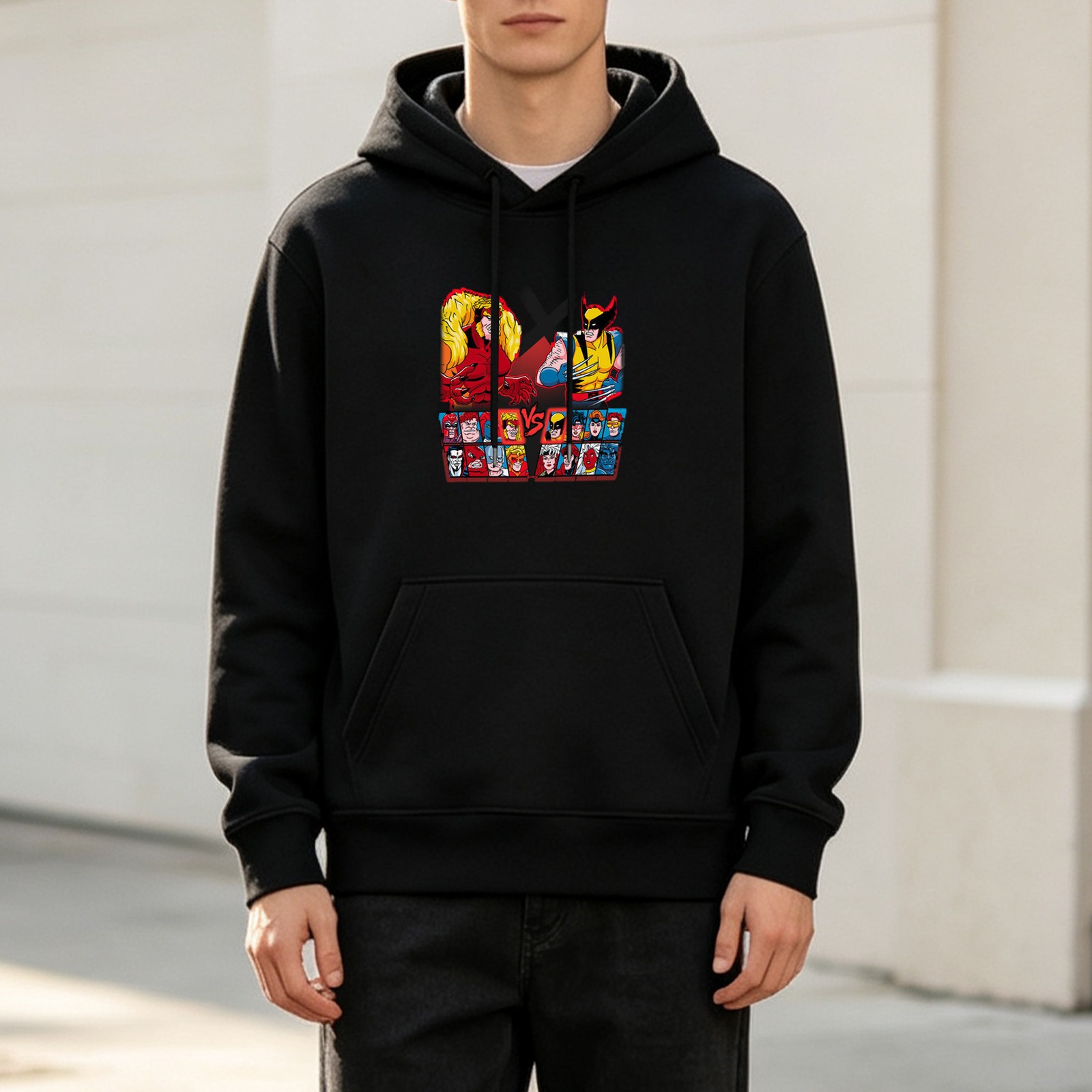 Black hoodie with superhero vs character graphic print