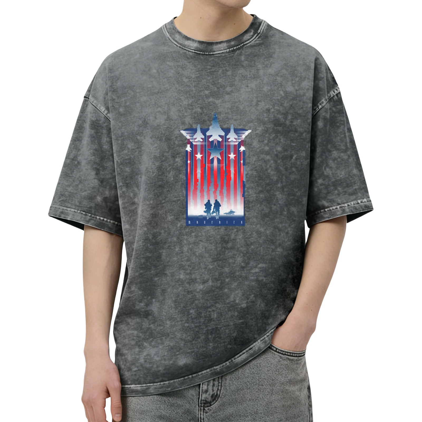 Oversized Black Acid Wash T-Shirt With Patriotic Military Jet And Soldier Graphic