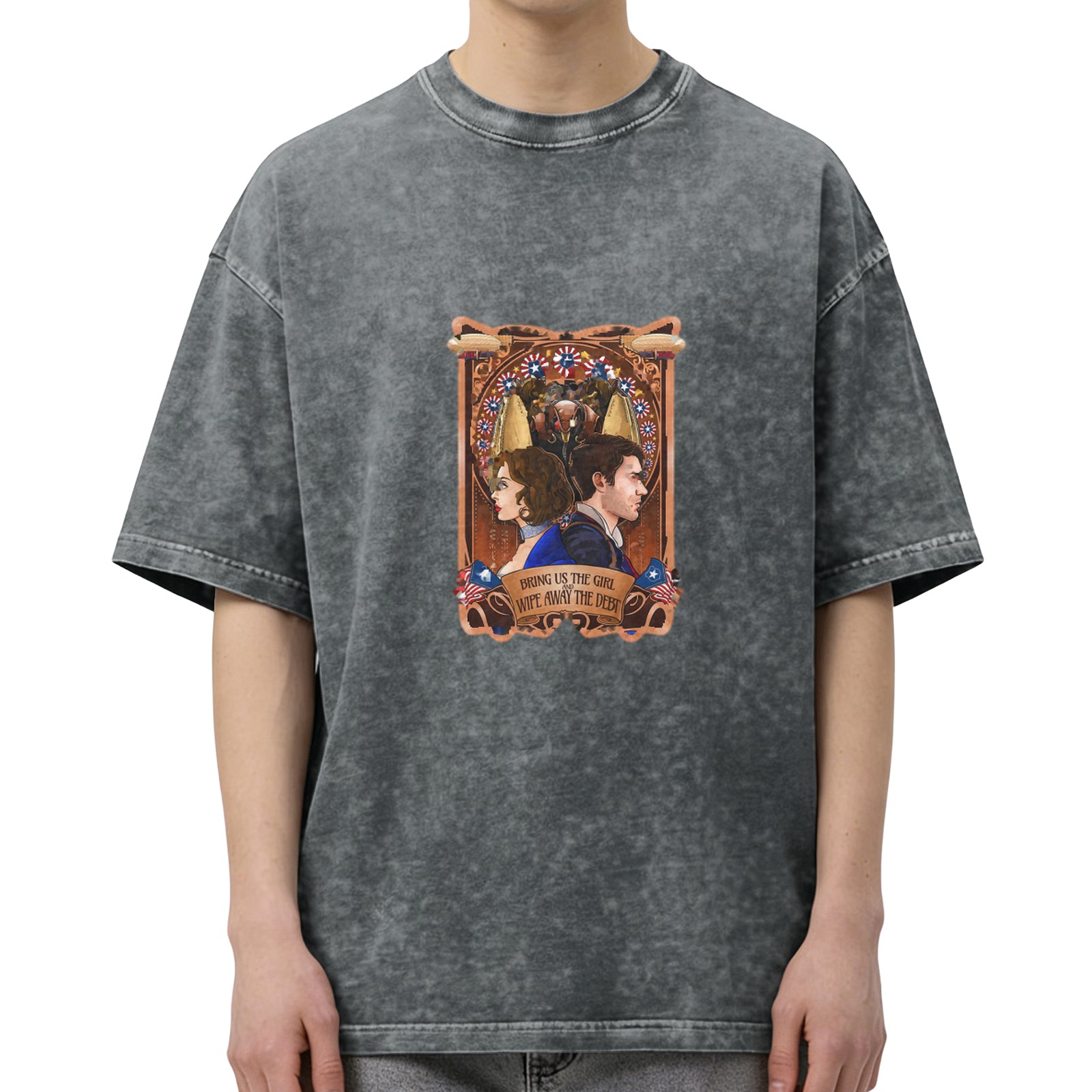 Washed Black Graphic T-Shirt With Bioshock Infinite Style Art Print